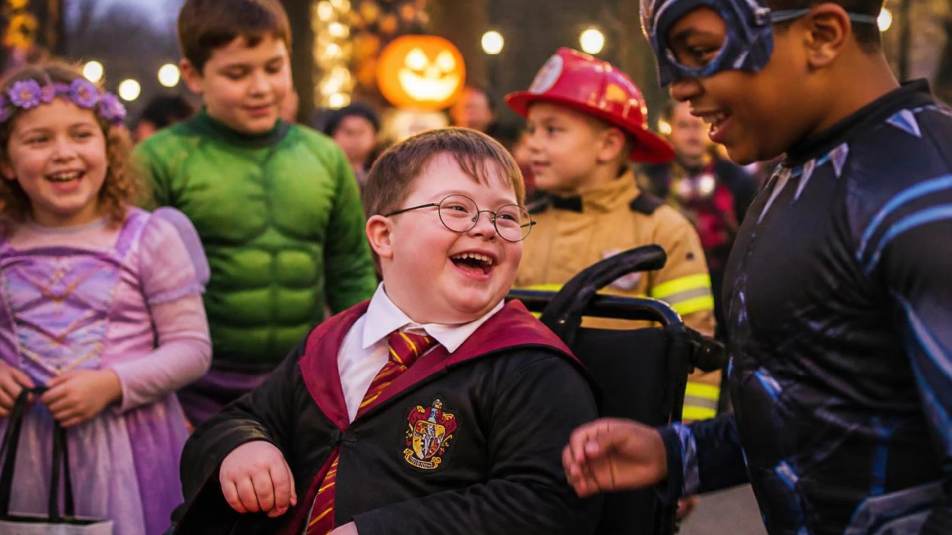 Families and children enjoying an inclusive neighborhood Halloween